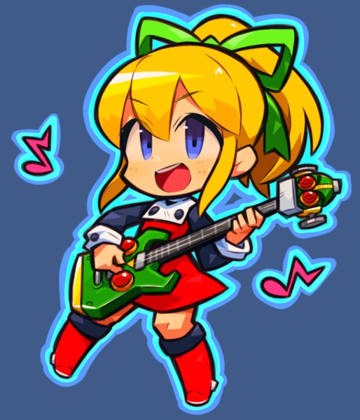 auto_(mega_man) blonde_hair blue_background blue_eyes boots capcom guitar instrument mega_man_(classic) mega_man_(series) musical_note open_mouth ponytail ribbon roll_(mega_man)