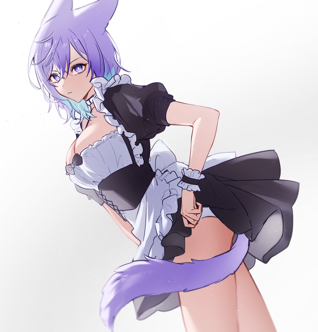 1girl animal_ears apron aqua_hair black_corset black_dress breasts cat_boy cat_ears cat_tail choker cleavage closed_mouth corset dress genderswap genderswap_(mtf) highres large_breasts looking_at_viewer maid maid_apron multicolored_hair nyamnyam0502 paradox_live purple_eyes purple_hair tail white_apron white_choker yatonokami_kanata