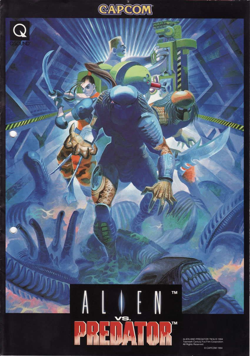 1990s_(style) 1girl alien alien_(series) alien_vs._predator aliens_(1986) arcade_cabinet bengus blade blonde_hair body_armor boots brown_hair camouflage capcom claws colonial_marine corpse cyborg dreadlocks dutch_schaefer elbow_pads fangs fighting_stance flood fog hallway highres katana linn_kurosawa logo machinery mask mechanical_arms mido_shido military military_uniform monster multiple_boys official_art official_style ponytail predator_(character) predator_(series) promotional_art retro_artstyle scan science_fiction serious short_hair shoulder_pads single_mechanical_arm soldier sword teeth traditional_media video_game water weapon wrist_blades xenomorph