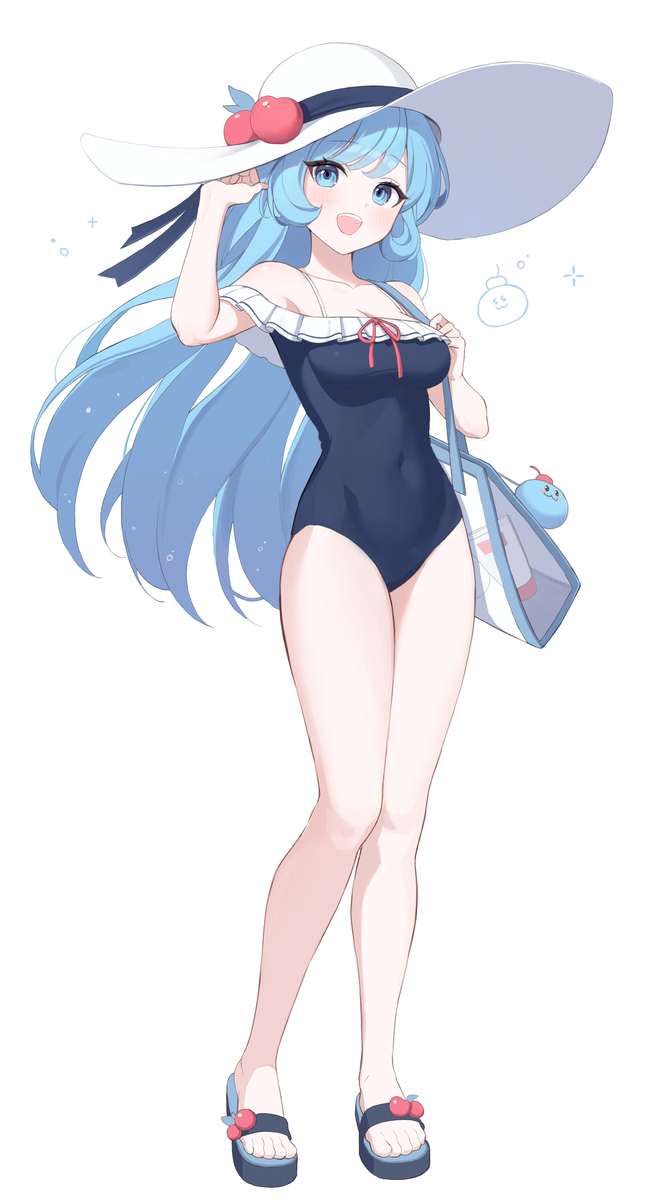 1girl bag blue_eyes blue_hair blue_one-piece_swimsuit bow cookie_run cookie_run:_ovenbreak cookie_run:_tower_of_adventures cream_soda_cookie dress food-themed_hat frilled_one-piece_swimsuit frills full_body hat highres humanization mill_bbang one-piece_swimsuit platform_sandals sandals shoulder_bag simple_background soda_dollop solo sun_hat swimsuit toes white_background