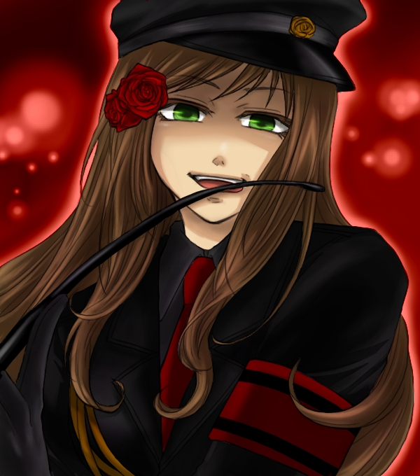 1girl axis_powers_hetalia bad_id bad_pixiv_id brown_hair female_focus flower green_eyes hair_flower hair_ornament hat holding holding_riding_crop hungary_(hetalia) ichiru licking long_hair military military_uniform mita_(matsuri68) rape_face red_flower red_rose riding_crop rose solo whip