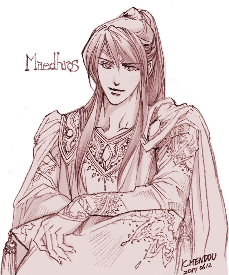 1boy cape closed_mouth dated kazuki-mendou tolkien&#039;s_legendarium looking_at_viewer maedhros male_focus monochrome pink_theme ponytail signature simple_background smile solo the_silmarillion white_background