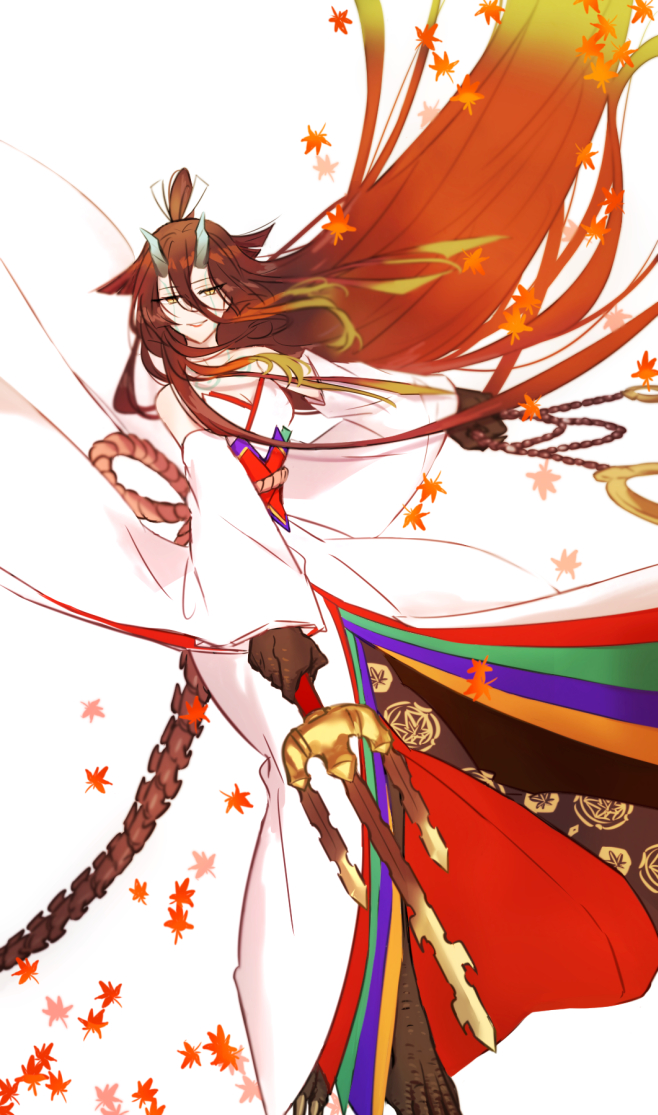 1girl bare_shoulders beads breasts brown_hair cleavage collarbone detached_sleeves fate/grand_order fate/requiem fate_(series) gradient_hair grin hair_between_eyes horns japanese_clothes kijo_kouyou_(fate) kijo_kouyou_(third_ascension)_(fate) kimono large_breasts long_hair looking_to_the_side multicolored_hair nono_(011299) orange_hair ponytail prayer_beads rope sash sleeveless sleeveless_kimono slit_pupils smile solo sword tail very_long_hair weapon white_background white_kimono wide_sleeves yellow_eyes