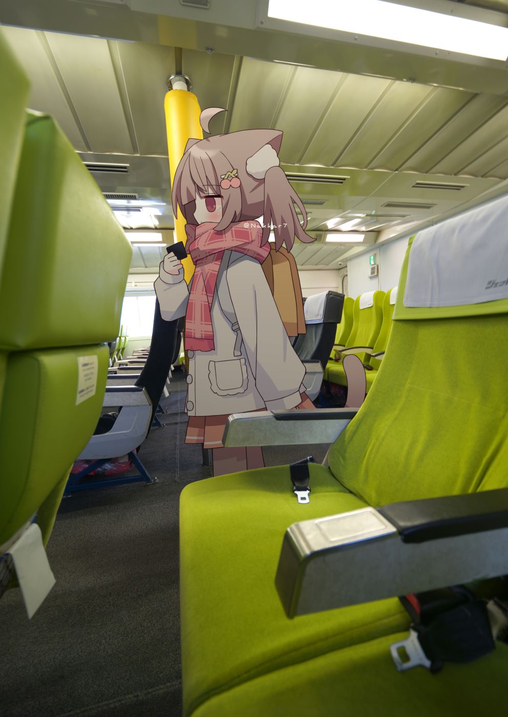 1girl ahoge airplane_interior animal_ear_fluff animal_ears backpack bag blunt_bangs brown_hair card cat_ears cat_girl cat_tail cherry_hair_ornament food-themed_hair_ornament from_side hair_ornament highres holding holding_card jacket long_sleeves nakkar original photo_background pink_eyes pink_scarf pink_skirt plaid_clothes plaid_scarf randoseru scarf school_bag side_ponytail skirt solo tail twitter_username white_jacket yellow_bag