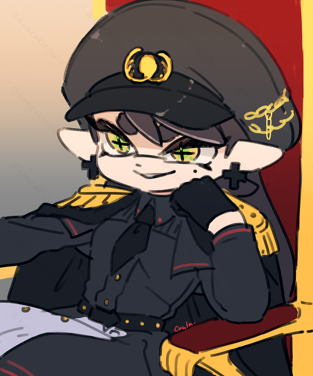 1girl arm_rest armrest belt black_belt black_cape black_capelet black_gloves black_hair black_hat black_neckerchief black_shirt black_skirt breasts callie_(splatoon) cape capelet chain collared_shirt commentary_request coula_cat cowboy_shot cross cross-shaped_pupils cross_earrings dot_nose earrings elbow_rest epaulettes eyebrows_hidden_by_hair gloves gold_buttons gold_chain green_eyes grin half_gloves hand_on_own_chin hat hat_chain head_on_hand head_rest highres insignia jewelry large_ears leaning_back long_hair long_sleeves military_hat military_uniform mole mole_under_eye multicolored_eyes narrowed_eyes neckerchief nintendo peaked_cap pointy_ears shirt signature sitting sitting_on_throne skirt small_breasts smile solo splatoon_(series) splatoon_1 studded_belt swept_bangs symbol-shaped_pupils tentacle_hair thick_eyebrows two-tone_eyes v-shaped_eyebrows yellow_eyes