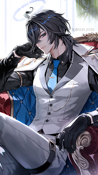 1boy ahoge armchair artist_name azeru_(vtuber) black_gloves black_hair black_shirt blue_eyes blue_necktie breast_pocket buttons chair closed_mouth coat coat_on_shoulders collared_shirt commentary crossed_bangs crossed_legs earrings english_commentary gloves gold_trim hair_between_eyes hair_intakes hair_over_shoulder halo hand_up indie_virtual_youtuber indoors jewelry lapels light_particles long_sleeves looking_at_viewer male_focus medium_hair multicolored_hair necktie np_(1231_0720) on_chair pants pocket ring shirt sitting smile solo streaked_hair thigh_strap tie_clip twitter_username twitter_x_logo two-sided_coat two-sided_fabric vest virtual_youtuber white_coat white_hair white_pants white_vest window wing_collar