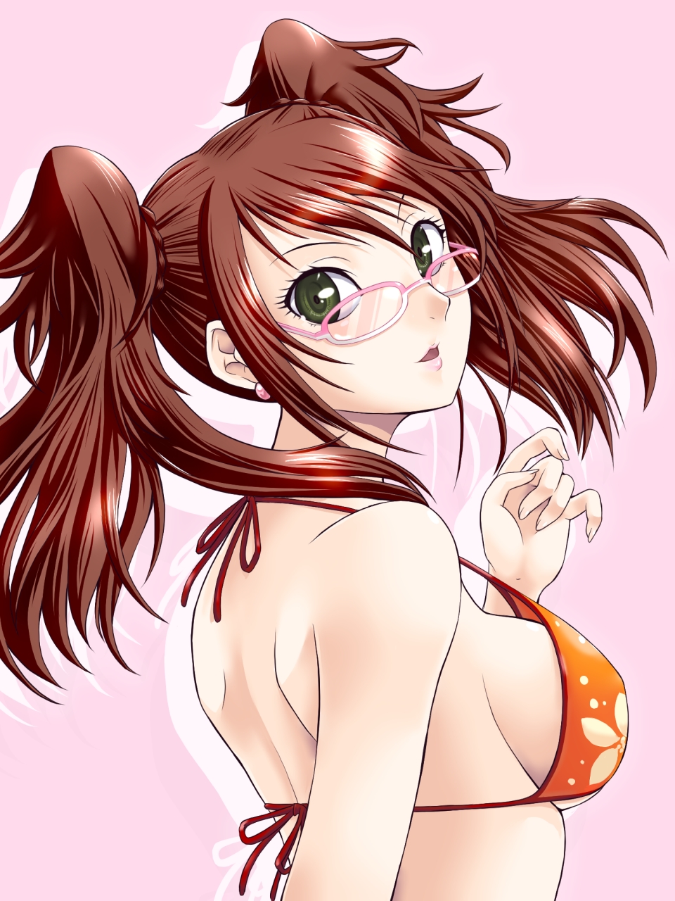 1girl atlus back bare_shoulders bikini bikini_top_only black_eyes breasts brown_hair earrings female_focus glasses halterneck highres jewelry kujikawa_rise lips looking_back persona persona_4 sideboob solo string_bikini swimsuit twintails yaso_shigeru