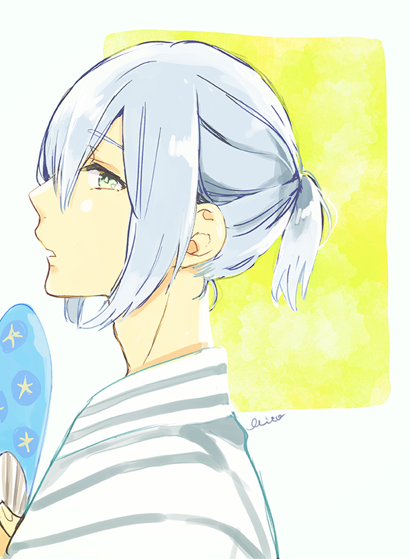 1boy hand_fan green_eyes high_speed! japanese_clothes kimono looking_at_viewer male_focus mito_h open_mouth ponytail profile purple_hair serizawa_nao short_hair simple_background solo yukata