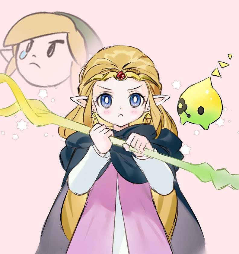 1boy 1girl :c black_cloak blonde_hair blue_eyes blush cloak commentary_request dress earrings green_hat hat holding holding_staff inset jewelry link long_hair long_sleeves nintendo opleillle pink_background pink_dress pointy_ears princess_zelda sidelocks simple_background staff tears the_legend_of_zelda the_legend_of_zelda:_echoes_of_wisdom tri_(zelda) tri_rod triforce two-handed two-tone_dress upper_body v-shaped_eyebrows white_dress