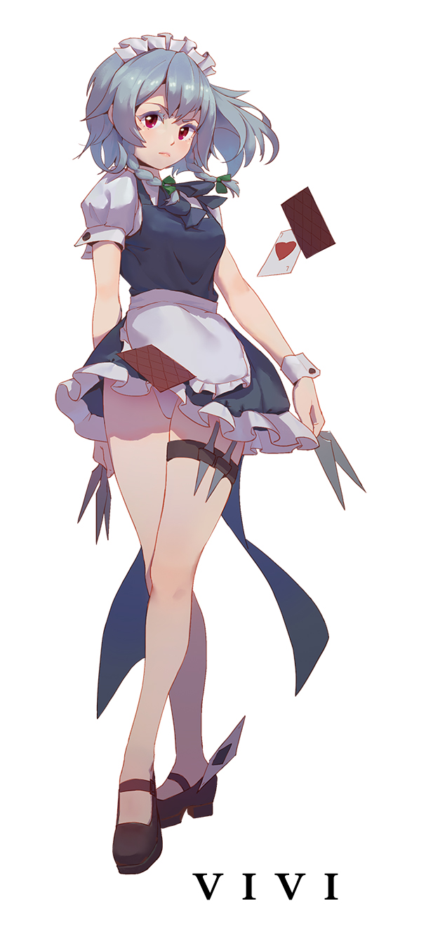 1girl ace_(playing_card) ace_of_hearts apron arm_behind_back artist_name bare_shoulders between_fingers black_shoes blue_dress blush bow braid breasts card cart chinese_commentary colored_eyelashes commentary_request crossed_legs dress female_focus frilled_apron frills full_body green_bow hair_bow heart highres holding holding_knife holding_weapon holster izayoi_sakuya knife knives_between_fingers looking_at_viewer maid maid_apron maid_headdress mary_janes medium_breasts panties pantyshot petticoat playing_card puffy_short_sleeves puffy_sleeves red_eyes shirt shoes short_dress short_hair short_sleeves silver_hair simple_background solo standing thigh_holster thighs touhou twin_braids underwear vivi waist_apron weapon white_apron white_background white_panties white_shirt wrist_cuffs