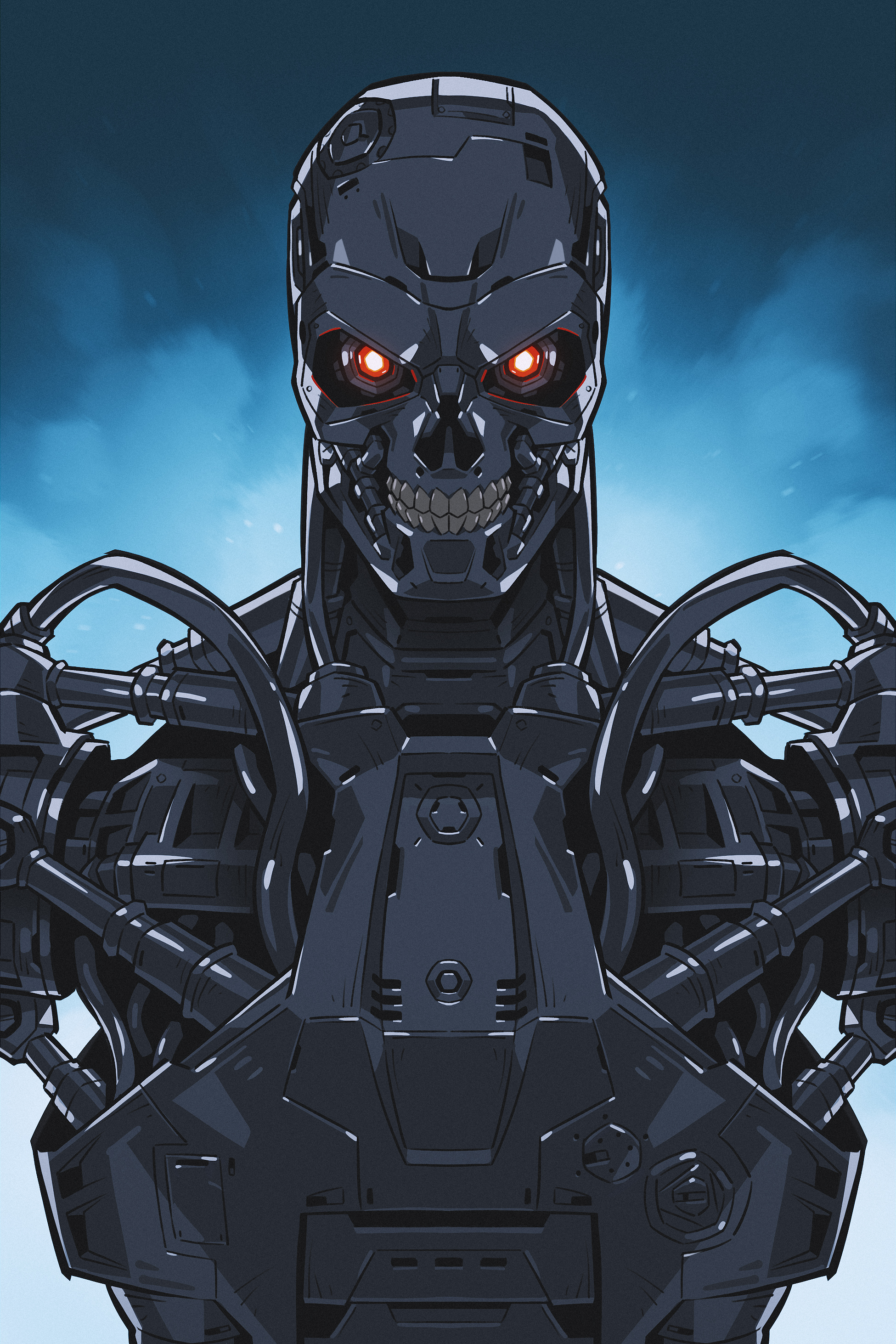 absurdres artificial_eye glowing glowing_eyes highres humanoid_robot looking_at_viewer machinery mechanical_eye mechabare no_skin onion_maru piston red_eyes robot science_fiction solo straight-on t-800 teeth terminator_(series) the_terminator upper_body