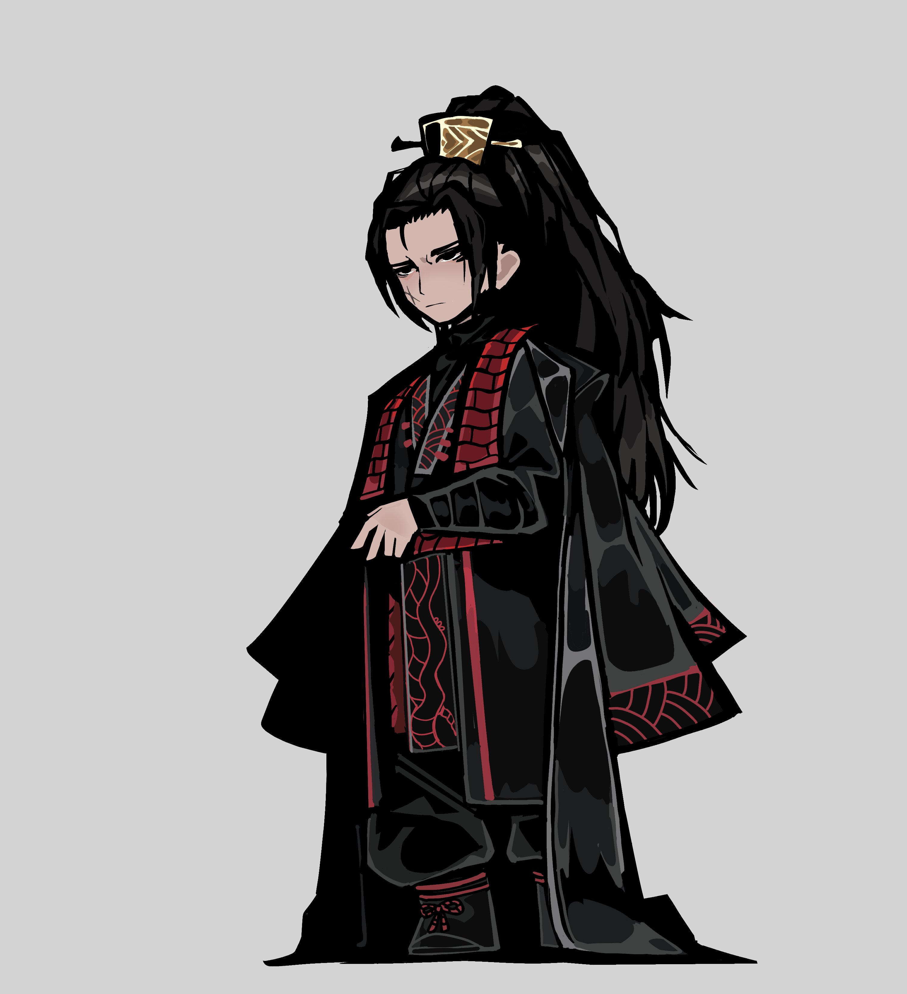 1boy absurdres baggy_pants black_boots black_coat black_eyes black_hair black_hanfu boots chinese_clothes coat hair_ornament hairpin hanfu high_ponytail highres jia_qiu_(project_moon) limbus_company long_hair long_sleeves open_clothes open_coat pants ponytail project_moon red_trim scar scar_on_face sidelocks solo sprite_art stole teko1193 white_background