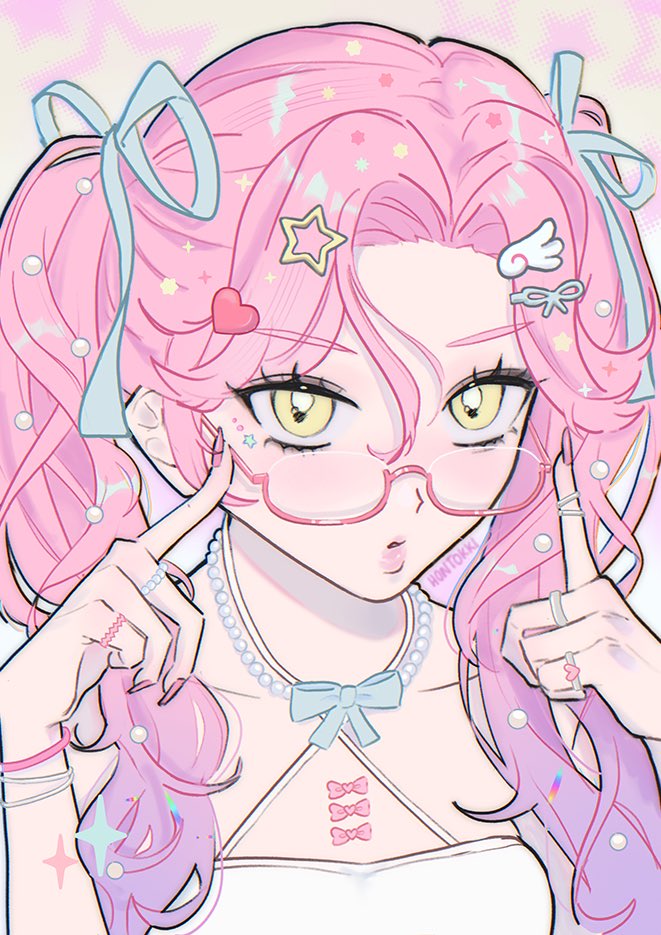1girl adjusting_eyewear alien_stage alternate_costume blue_bow blue_ribbon bow bracelet commentary finger_on_eyewear fingernails glasses gradient_hair hair_ornament hair_ribbon hairclip heart heart_hair_ornament hontokki jewelry long_fingernails long_hair mizi_(alien_stage) multicolored_hair necklace pearl_necklace pink-framed_eyewear pink_bow pink_hair pink_nails portrait purple_hair ribbon ring semi-rimless_eyewear signature solo star_(symbol) star_hair_ornament twintails two-tone_hair wing_hair_ornament yellow_eyes