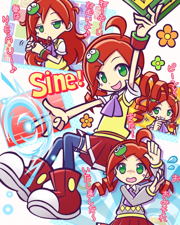 1girl ahoge andou_ringo apple arm_up blue_thighhighs book boots catchphrase character_hair_ornament collage comedic_sweatdrop deformed drill_hair multiple_expressions finger_gun flower_symbol flying_sweatdrops food fruit green_eyes hair_down hair_ornament hair_tie_in_mouth holding holding_book long_hair m0797264762 magic messy_hair mouth_hold multiple_views neckerchief official_style pleated_skirt purple_neckerchief puyopuyo puyopuyo_20th_anniversary puyopuyo_tetris red_footwear red_hair red_skirt shirt short_sleeves skirt sweater_vest thighhighs tube_socks twin_drills w white_shirt wristband yellow_sweater_vest