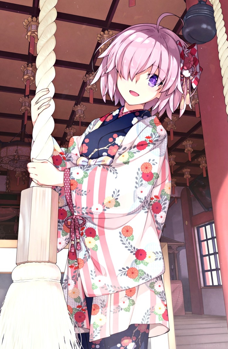 1girl ahoge alternate_costume bell breasts chrysanthemum_print cowboy_shot fate/grand_order fate_(series) floral_print flower hair_flower hair_ornament hair_over_one_eye hatsumoude head_tilt japanese_clothes jingle_bell kimono long_sleeves mash_kyrielight medium_breasts nengajou new_year open_mouth pink_eyes pink_hair plum_blossom_print revision rope saipaco short_hair shrine smile solo standing tassel wide_sleeves