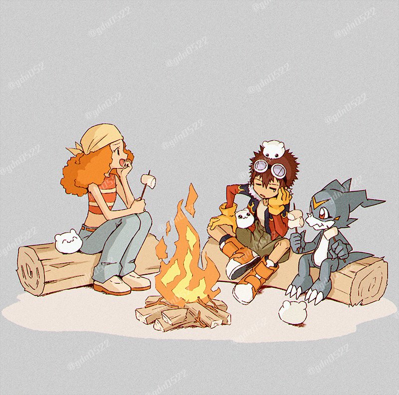 1boy 1girl digimon digimon_adventure_02 goggles goggles_on_head motomiya_daisuke red_eyes smile tachikawa_mimi v-mon yukimibotamon