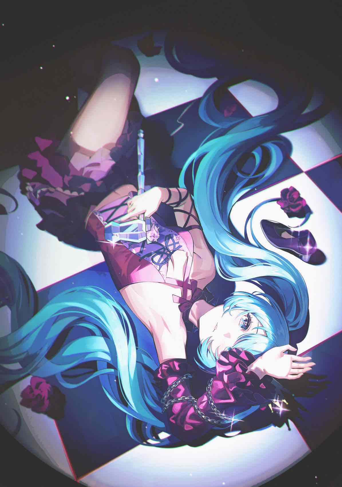 1girl aqua_eyes aqua_hair arm_ribbon bare_shoulders blue_eyes blue_hair chain chain_around_arm cross cross_necklace crown detached_sleeves flower hair_flower hair_ornament hand_over_eye hatsune_miku highres jewelry long_hair looking_at_viewer midriff mini_crown navel necklace project_diva_(series) ribbon romeo_to_cinderella_(vocaloid) rose shirt skirt solo twintails very_long_hair hatsune_miku_(vintage_dress) vocaloid weizhi