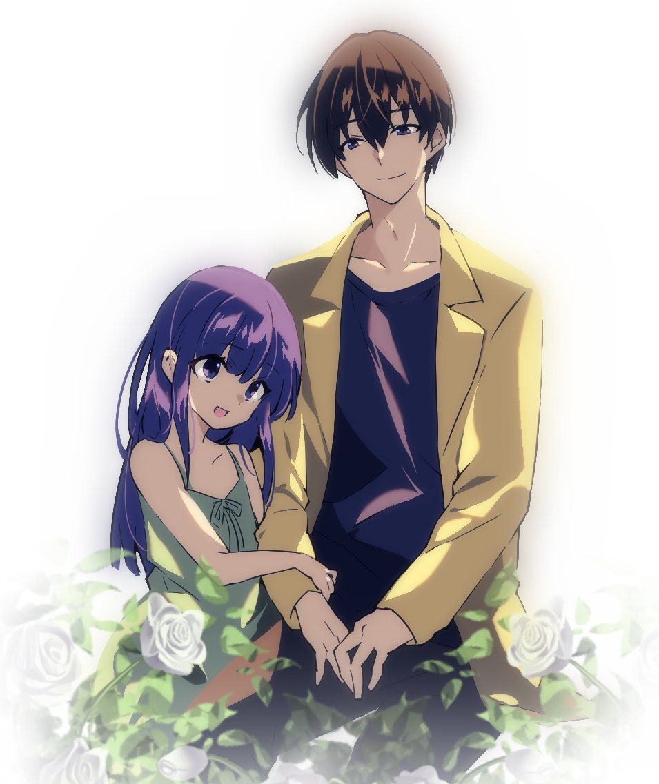 1boy 1girl 2023 :d akasaka_mamoru arm_hug blue_shirt blunt_bangs blunt_ends brown_hair child closed_mouth collarbone commentary_request cowboy_shot dated dress eyelashes eyes_visible_through_hair flower furude_rika green_dress hair_between_eyes happy higurashi_no_naku_koro_ni jacket leaf long_hair long_sleeves looking_at_another mature_male open_clothes open_jacket open_mouth purple_eyes purple_hair rose shirt short_hair sidelocks simple_background sitting sleeveless sleeveless_dress smile split_mouth suzuragi_karin upturned_eyes white_background white_flower white_rose yellow_jacket