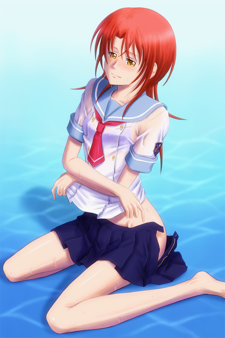 1girl bare_legs barefoot blue_sailor_collar blue_skirt blush bonnie_(rsg) closed_mouth feet_out_of_frame groin hair_between_eyes hino_kahoko la_corda_d&#039;oro long_hair miniskirt neckerchief no_panties open_clothes open_skirt pleated_skirt red_hair red_neckerchief sailor_collar sailor_shirt school_uniform serafuku shirt short_sleeves skirt solo straight_hair wet wet_clothes wet_shirt white_shirt yellow_eyes