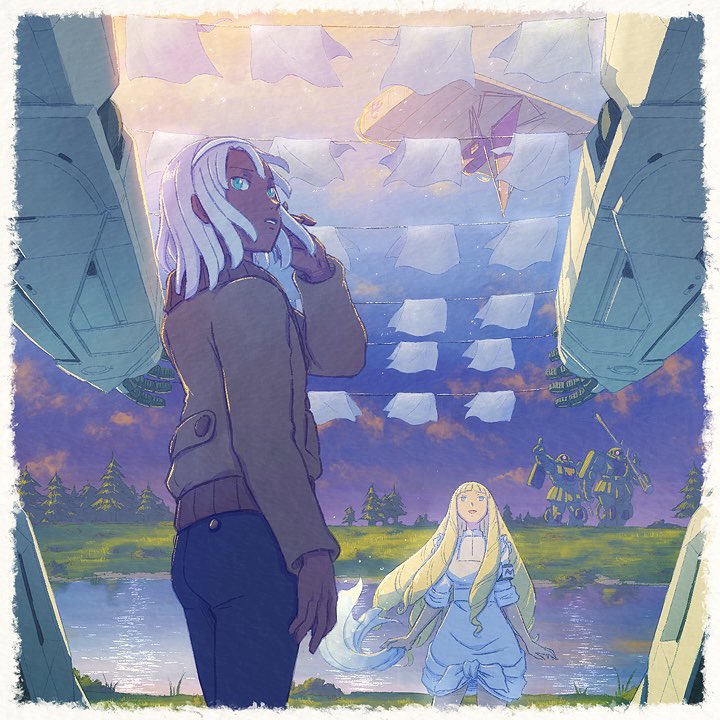 1boy 1girl arai_yohei black_pants blonde_hair blue_eyes borjarnon brown_jacket clothesline dark-skinned_male dark_skin drying drying_clothes grey_hair gun gundam hairband hang_gliding holding holding_gun holding_weapon jacket kihel_heim long_hair loran_cehack mecha mobile_suit one-eyed pants pink_eyes robot turn_a_gundam turn_a_gundam_(mobile_suit) very_long_hair weapon white_hairband
