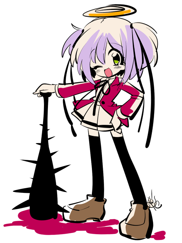 1girl black_thighhighs blood bokusatsu_tenshi_dokuro-chan brown_shoes club club_(weapon) excalibolg green_eyes hair_ribbon halo jacket looking_at_viewer mitsukai_dokuro one_eye_closed open_mouth pink_blood purple_hair red_jacket ribbon sameyama_jiro shoes skirt solo spiked_club thighhighs traditional_halo twintails weapon white_background white_skirt