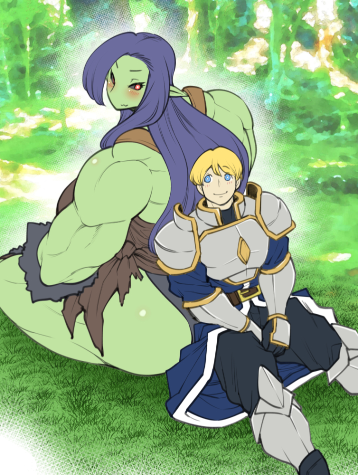 1boy 1girl armor ass back-to-back bare_shoulders black_sclera blonde_hair blue_eyes blue_hair blush breasts colored_sclera colored_skin dark_blue_hair eyes_visible_through_hair fantasy female_orc field fingerless_gloves gloves grass green_skin hair_over_one_eye huge_ass large_breasts long_hair looking_at_another looking_back monster_girl muscular muscular_female nenbuta orc original outdoors red_eyes sarong short_hair sitting size_difference smile tribal_clothes