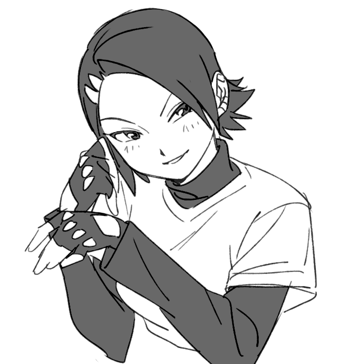 1girl blush breasts commentary_request cropped_torso cube_(jsr) ear_piercing fingerless_gloves forehead gloves greyscale grin hair_over_one_eye hands_up home_(houmei) jet_set_radio layered_sleeves long_sleeves looking_at_viewer medium_breasts monochrome piercing sega short_hair short_over_long_sleeves short_sleeves simple_background sketch smile solo split_mouth swept_bangs turtleneck upper_body white_background