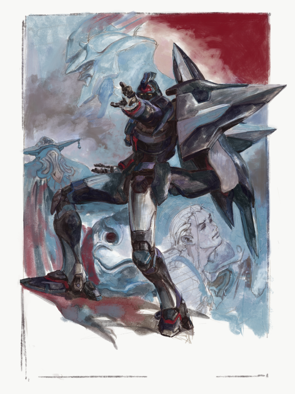 3boys border commentary_request fei_fong_wong fighting_stance grahf highres kosibahara mecha multiple_boys original_weltall outside_border outstretched_arm robot standing weltall white_border wiseman_(xenogears) xenogears