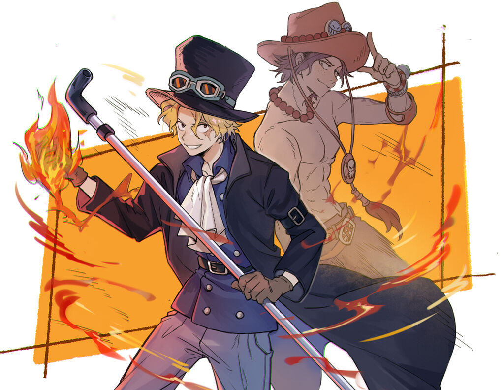 2boys ascot bead_necklace beads black_hair blonde_hair brothers coat eyewear_on_headwear fire gloves hand_on_headwear hand_up hat holding holding_weapon industrial_pipe jewelry long_sleeves male_focus multiple_boys necklace one_piece open_clothes open_coat portgas_d._ace sabo_(one_piece) scar scar_on_face short_hair siblings smile top_hat topless_male weapon yurichi_(artist)