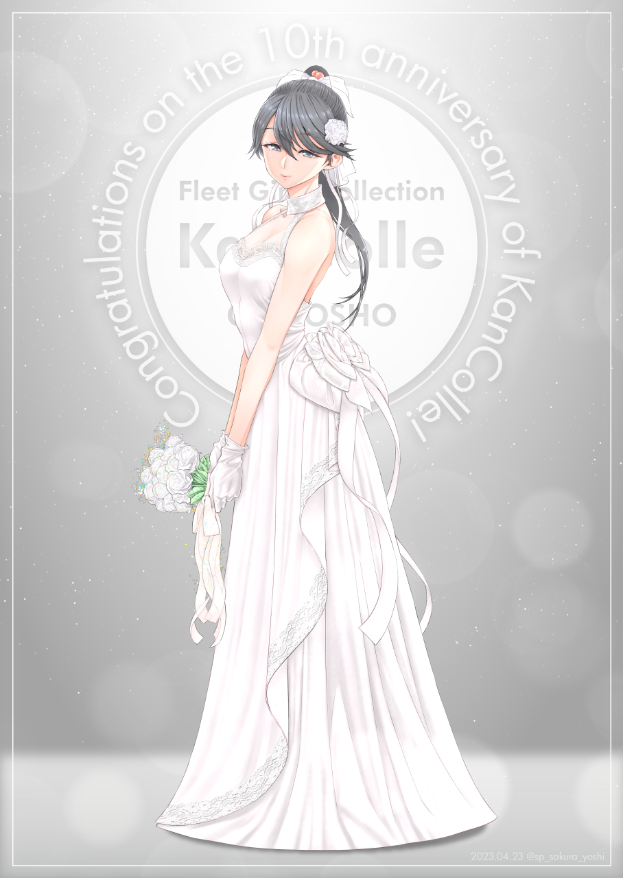 1girl anniversary black_hair bouquet breasts copyright_name dress flower full_body gloves grey_eyes hair_flower hair_ornament highres holding holding_bouquet houshou_(kancolle) kantai_collection long_hair looking_at_viewer medium_breasts ponytail rose sleeveless sleeveless_dress solo standing white_dress white_flower white_gloves white_rose yuichi_(sp_sakura_yoshi)