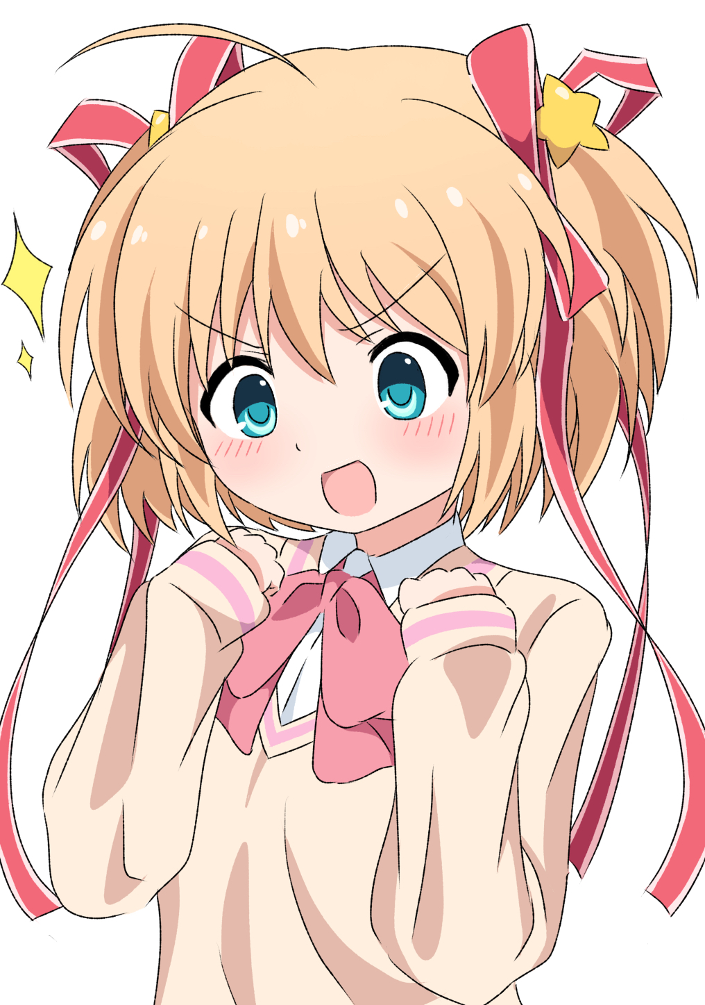 1girl :d ahoge aqua_eyes blonde_hair blush bow commentary hair_between_eyes hair_ornament hair_ribbon hands_up happy highres kamikita_komari little_busters! long_ribbon long_sleeves looking_down open_mouth pink_bow red_ribbon ribbon short_hair silky_(silky_illust) simple_background sleeves_past_wrists smile smug solo sparkle star_(symbol) star_hair_ornament sweater tareme two_side_up v-shaped_eyebrows white_background yellow_sweater
