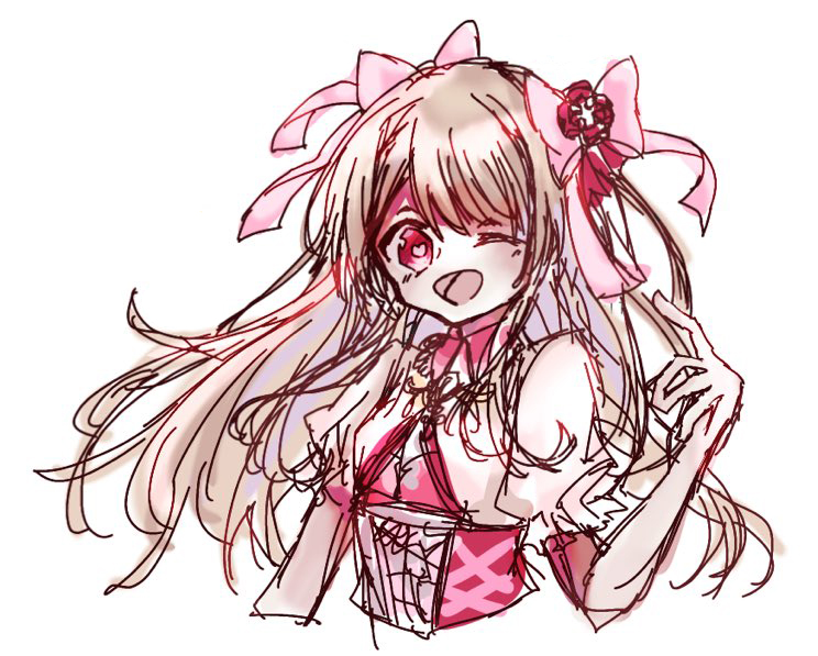 1girl bad_id bad_twitter_id blonde_hair chaos_marie_(grimms_notes) cleavage_cutout clothing_cutout diamond_necklace grimms_notes hair_ribbon hand_up ireel31 jewelry necklace one_eye_closed open_mouth pendant pink_ribbon puffy_short_sleeves puffy_sleeves ribbon short_sleeves simple_background sketch smile solo upper_body white_background