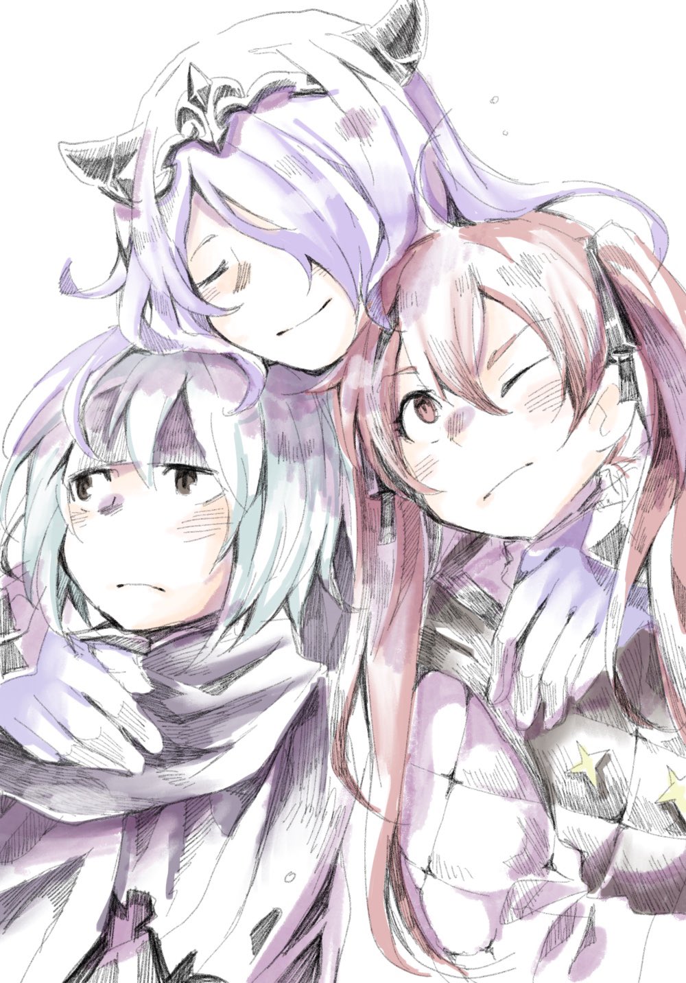 3girls beruka_(fire_emblem) black_headband blue_hair camilla_(fire_emblem) closed_mouth fire_emblem fire_emblem_fates group_hug hangdok headband highres hug multiple_girls nintendo purple_hair red_hair selena_(fire_emblem_fates) twintails
