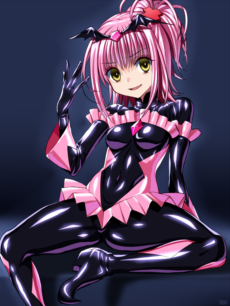 1girl bad_end_happy bad_end_happy_(cosplay) bad_end_precure black_bodysuit bodysuit cosplay cross_hair_ornament dark_persona dress empty_eyes evil_smile female_focus frills gloves hair_ornament hinamori_amu latex latex_dress latex_gloves latex_suit microskirt pink_hair ponytail precure sen_(sansui) short_hair shugo_chara! sitting skirt smile smile_precure! solo tiara yellow_eyes