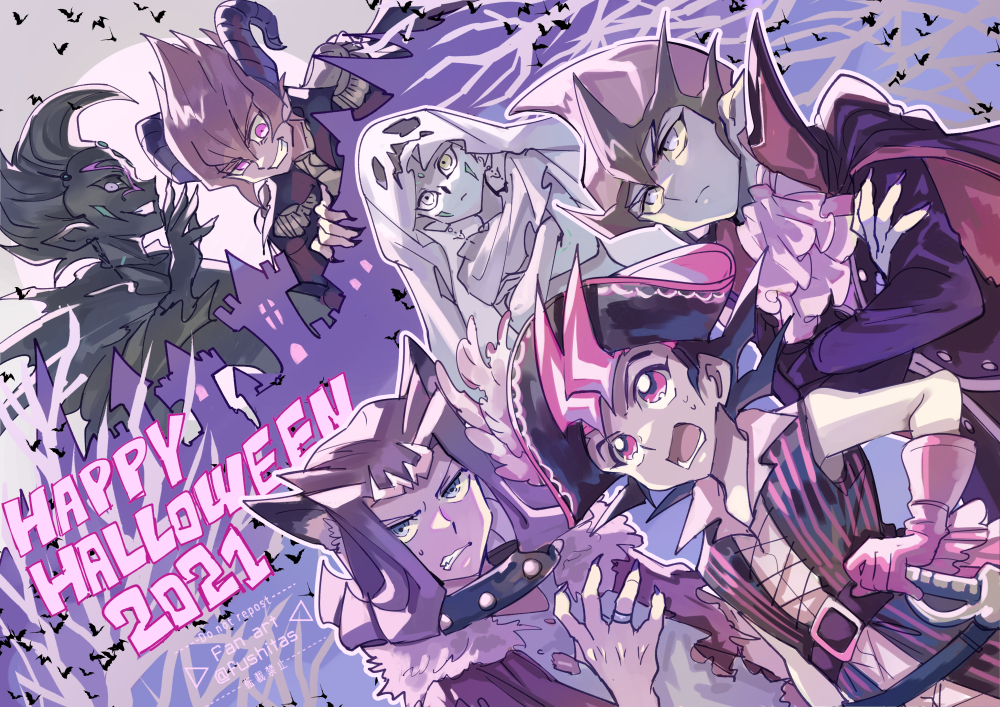 2021 6+boys ascot astral_(yu-gi-oh!) belt cape closed_mouth demon_horns fushitasu gloves grimace happy_halloween horns kamishiro_ryouga male_focus multiple_boys open_mouth pirate_costume sheet_ghost short_hair sword tenjou_kaito tsukumo_yuma vampire_costume vector_(yu-gi-oh!) weapon werewolf_costume yellow_eyes yu-gi-oh! yu-gi-oh!_zexal