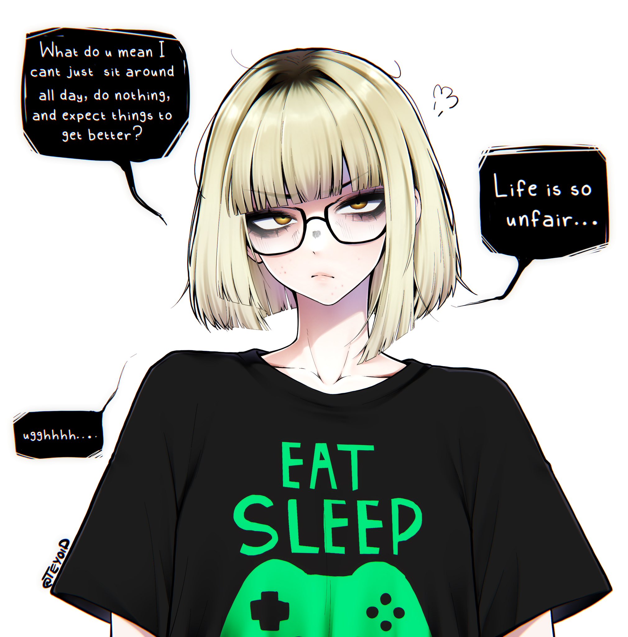1girl black-framed_eyewear black_shirt blonde_hair blunt_bangs breasts brown_eyes closed_mouth collarbone english_text glasses highres looking_at_viewer multicolored_hair original roots_(hair) shirt short_hair simple_background small_breasts solo speech_bubble t-shirt teyoid twitter_username upper_body white_background
