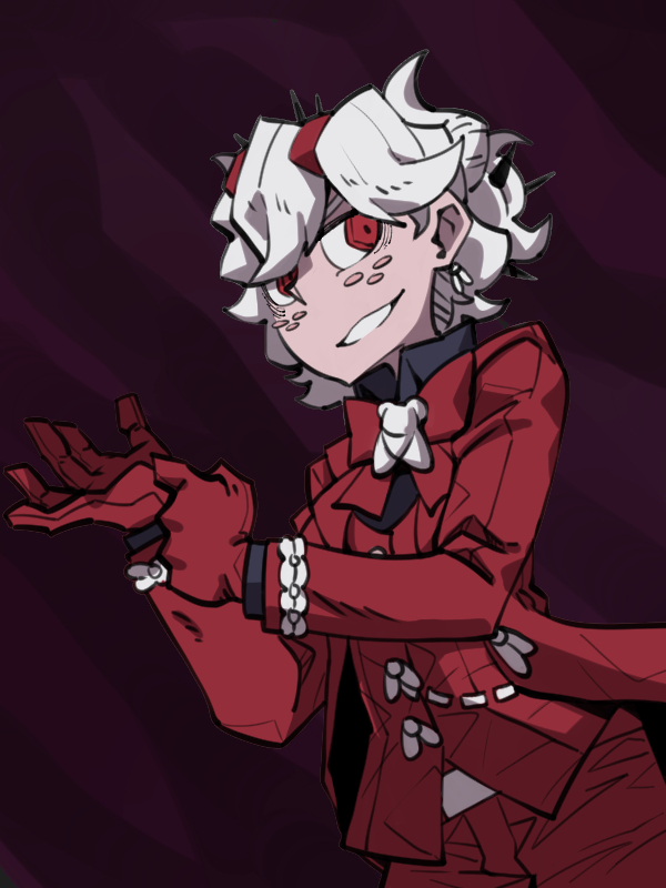 1girl beelzebub_(helltaker) black_shirt bracelet breasts bug business_suit collared_shirt demon_girl demon_horns female_focus fly formal_clothes freckles gloves happy helltaker horns insect jewelry looking_at_viewer red_eyes red_gloves red_suit shirt short_hair smile smirk smug solo suit teeth user_wwpr3278 vest waistcoat white_hair white_horns