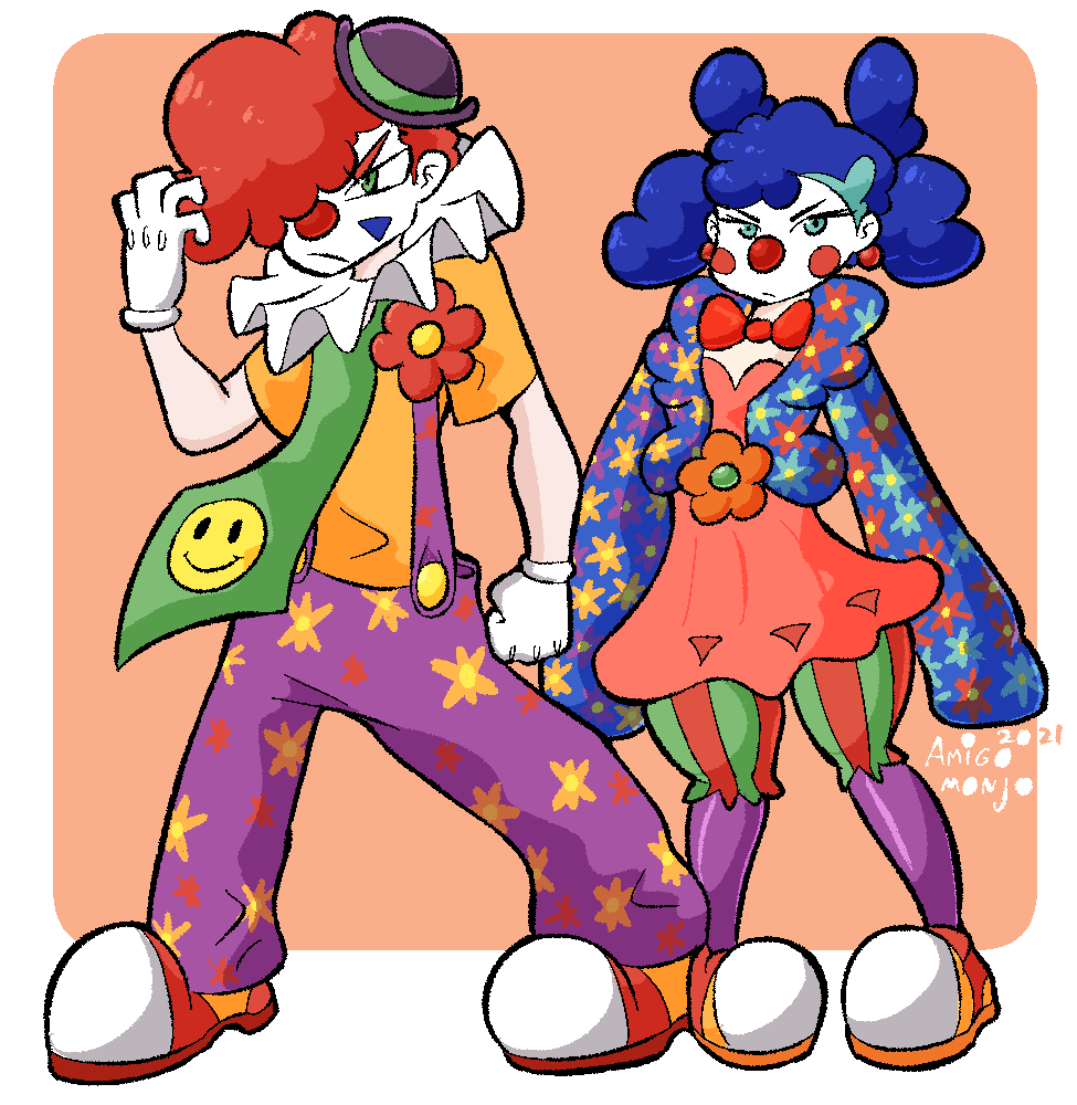 1boy 1girl 2021 blue_eyes blue_hair clown clown_nose creatures_(company) drawfag facepaint full_body game_freak gladion_(pokemon) gloves green_eyes green_necktie hat marnie_(pokemon) necktie nintendo overalls pokemon pokemon_sm pokemon_swsh purple_hat purple_overalls red_hair sleeves_past_fingers sleeves_past_wrists smiley_face standing white_gloves