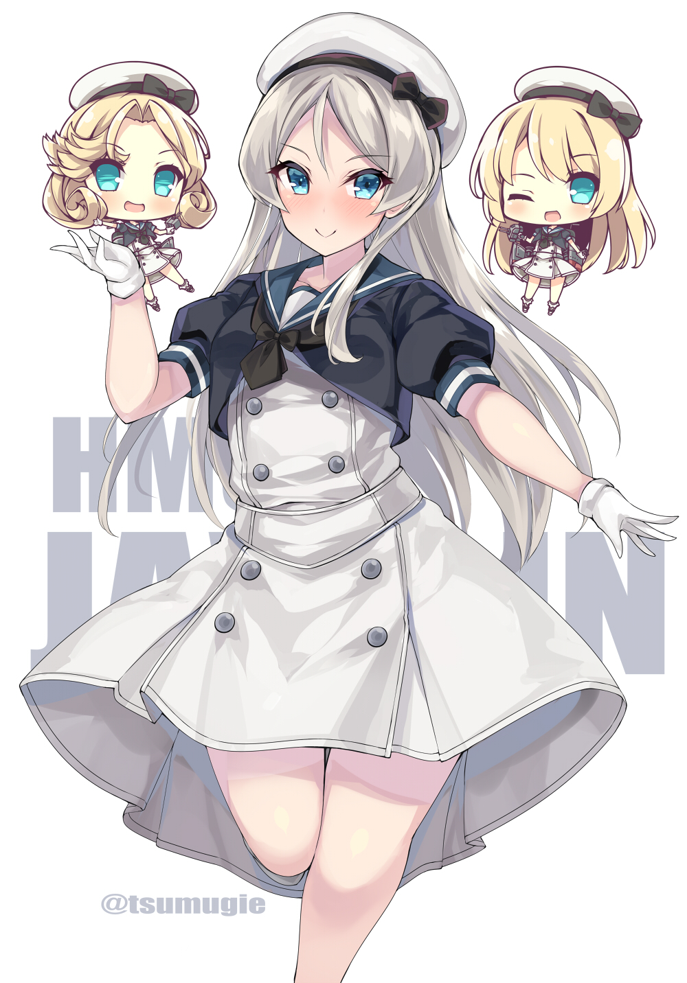 3girls akikaze_tsumuji black_neckerchief blonde_hair blue_eyes blue_sailor_collar blush character_name chibi dress gloves grey_hair hat highres janus_(kancolle) javelin_(kancolle) jervis_(kancolle) kantai_collection long_hair multiple_girls neckerchief one_eye_closed open_mouth sailor_collar sailor_dress short_sleeves simple_background smile solo_focus twitter_username white_background white_dress white_gloves white_hat