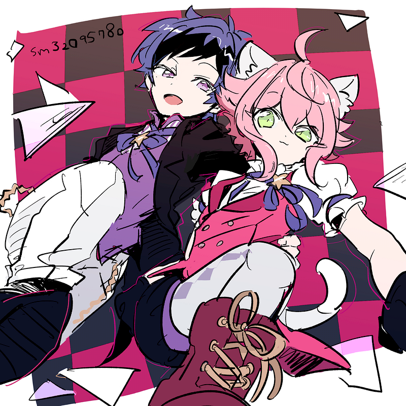 2boys :3 androgynous animal_ears artist_name bishounen cat_ears checkered_background ensemble_stars! foreshortening fushimi_yuzuru gloves himemiya_tori himemiya_tori_(circus_performance) jacket knee_up male_focus multiple_boys oihool outside_border pants pantyhose pink_background puffy_short_sleeves puffy_sleeves short_sleeves sketch tail vest