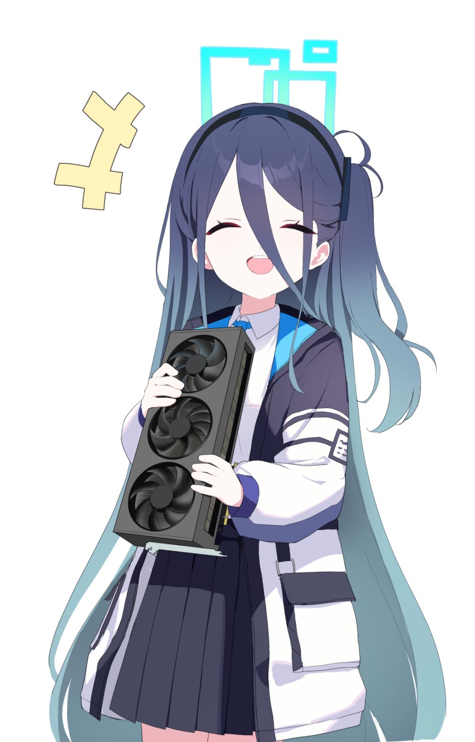 +++ 1girl absurdly_long_hair aris_(blue_archive) black_hair black_hairband black_skirt blue_archive blue_halo breasts closed_eyes collared_shirt cowboy_shot facing_viewer graphics_card hairband halo highres holding jacket long_hair long_sleeves millet_pepper one_side_up open_clothes open_jacket open_mouth pleated_skirt shirt simple_background skirt small_breasts smile solo very_long_hair white_background white_jacket white_shirt