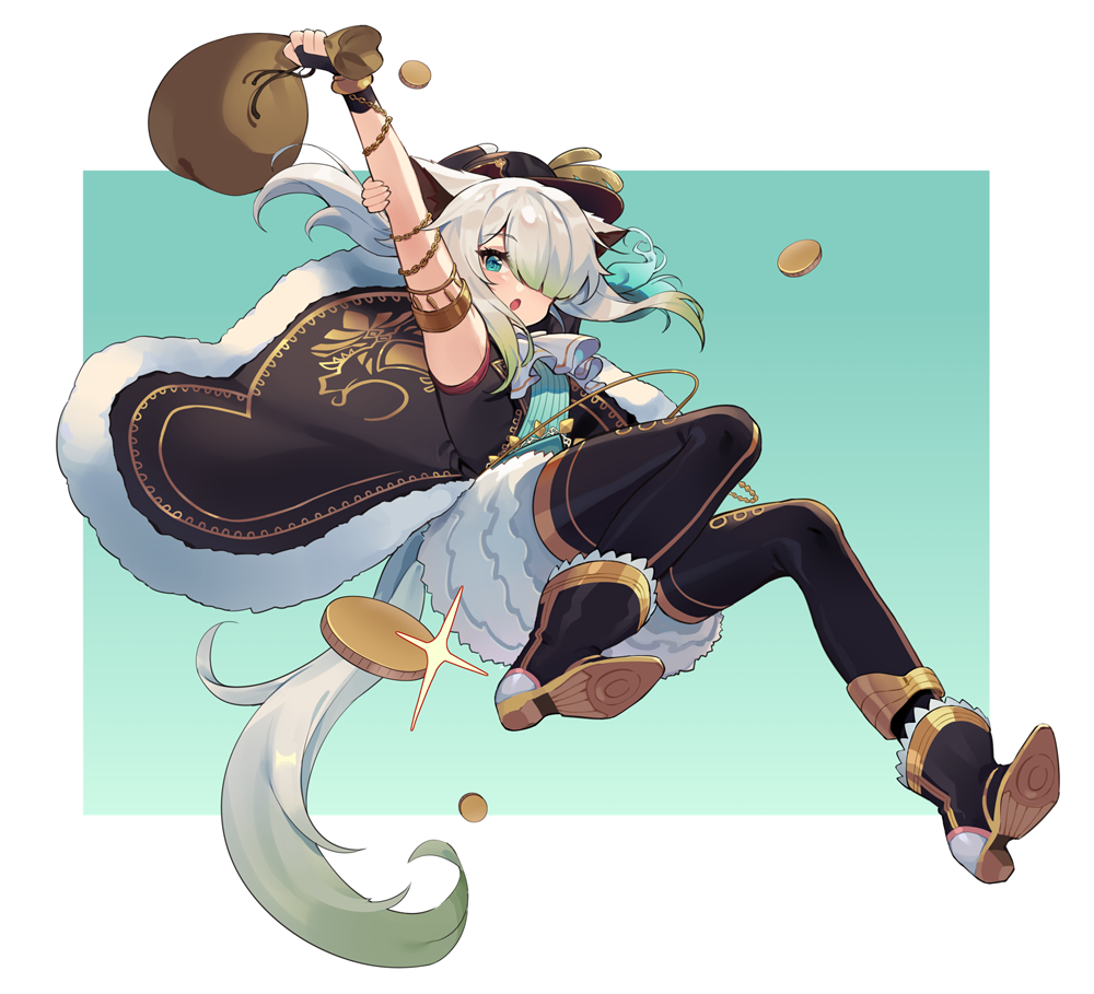 1girl animal_ears arm_up armlet black_boots black_gloves black_hat black_thighhighs blue_background blue_eyes boots bracelet cat_ears cat_tail coin falcom female_focus fingerless_gloves full_body fur_trim glint gloves gold_trim gradient_background gradient_hair green_hair hair_over_one_eye hat hat_feather jewelry jumping looking_at_viewer medium_hair money_bag multicolored_hair neckerchief open_mouth sharlorc shirt silver_hair simple_background sleeveless solo tail thighhighs two-tone_hair white_cat_(ys) ys ys_ix:_monstrum_nox