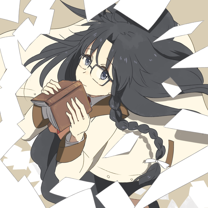 1girl anko_(w-anco) black-framed_eyewear black_hair black_skirt blue_eyes book book_to_mouth bow braid braided_sidelock breasts brown_vest coat commentary dress_shirt floating_clothes floating_hair flying_paper from_above glasses hair_bow holding holding_book long_hair long_skirt long_sleeves looking_at_viewer medium_breasts messy_hair necktie open_book open_clothes open_coat paper parted_bangs r.o.d_the_tv read_or_die rectangular_eyewear red_necktie shirt single_braid skirt smile solo vest white_coat yomiko_readman