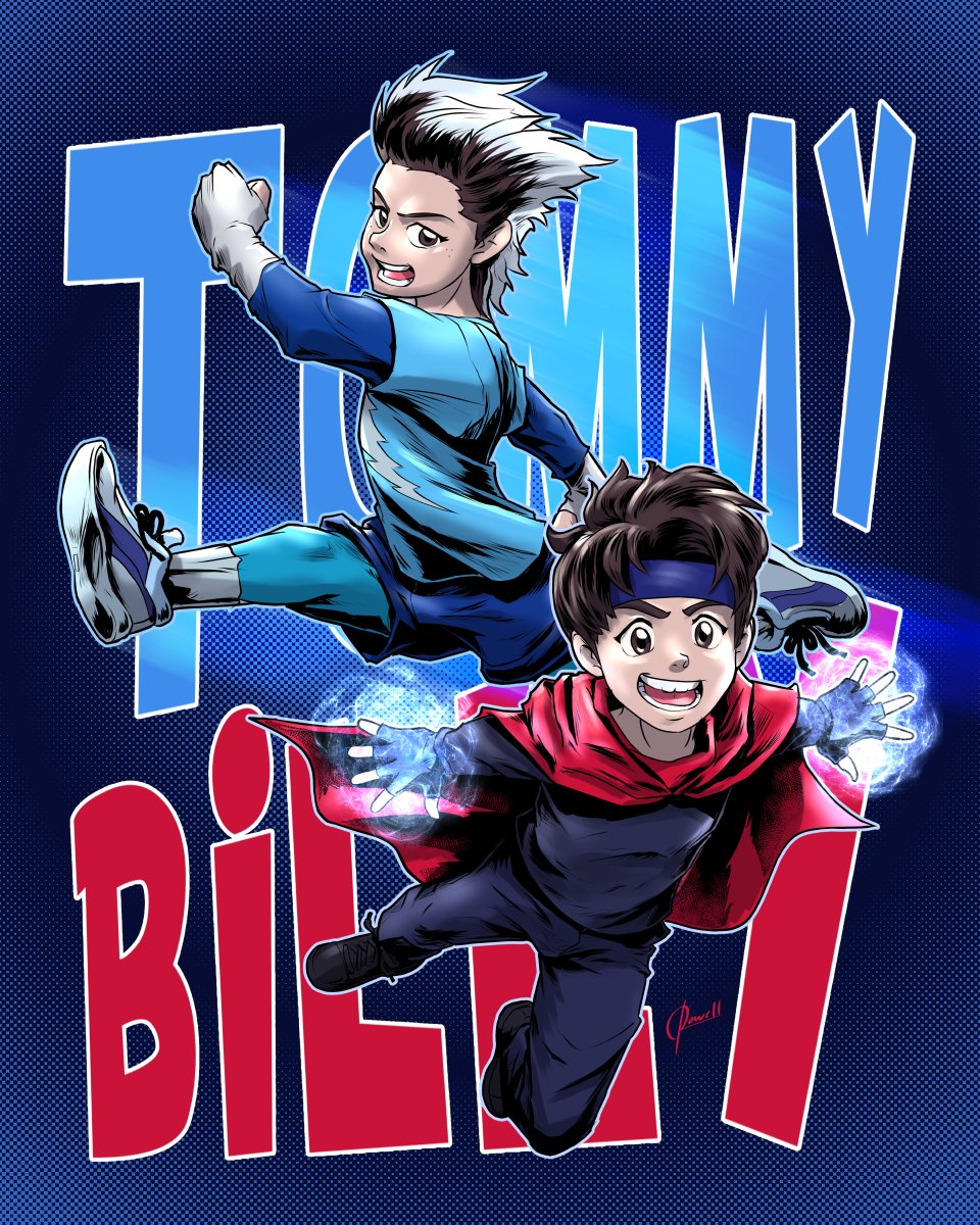 2boys animification billy_maximoff black_pants black_shirt brown_eyes brown_hair cape character_name child colored_tips commentary commission english_commentary fingerless_gloves full_body gloves highres male_focus marvel marvel_cinematic_universe multicolored_hair multiple_boys open_mouth pants red_cape rowellcruz_art running shirt shoelaces shoes short_hair smile sneakers speed_(marvel) teeth tommy_maximoff wandavision white_hair wiccan