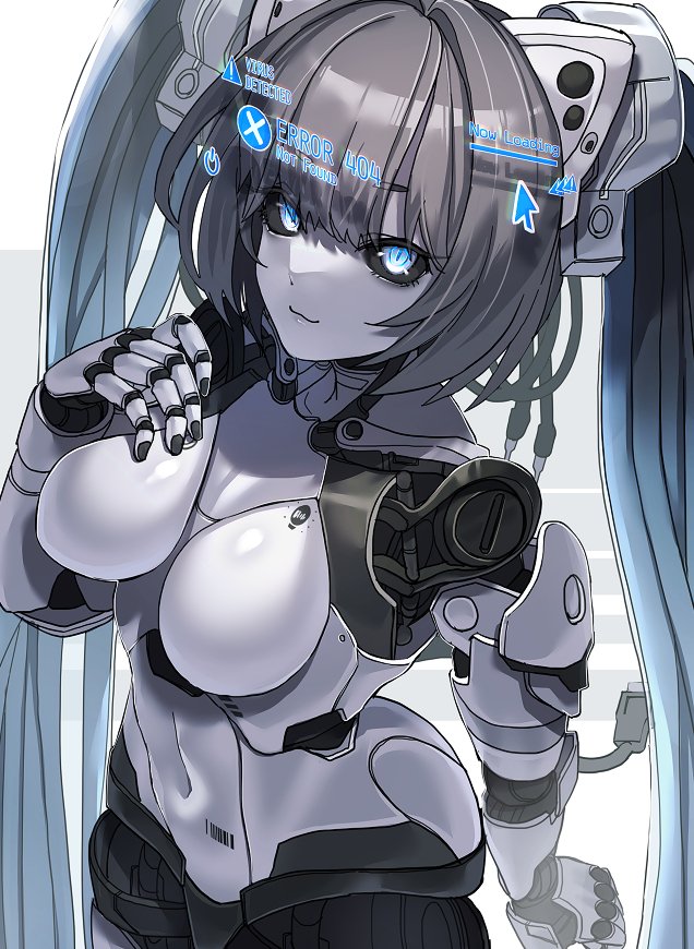 1girl black_sclera blue_eyes breasts character_request colored_sclera colored_skin copyright_request cow cowboy_shot english_text grey_hair grey_skin hakidashi_11 holographic_interface long_hair medium_breasts missing_commentary robot_girl solo twintails very_long_hair