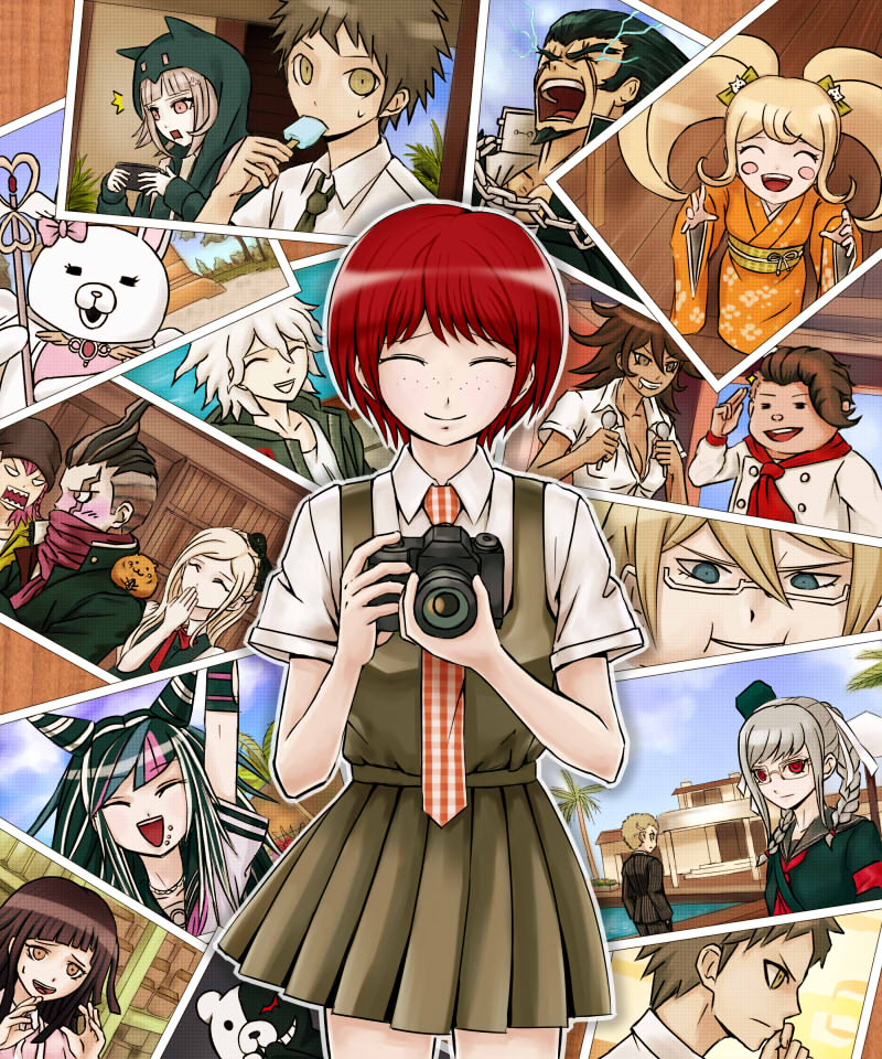 10s 1girl animal animal_on_shoulder bob_cut camera cham-p chuunibyou closed_eyes danganronpa_(series) danganronpa_2:_goodbye_despair dress_shirt everyone female_focus freckles h@l hamster hanamura_teruteru hinata_hajime koizumi_mahiru komaeda_nagito kuzuryu_fuyuhiko light_smile mioda_ibuki monokuma monomi_(danganronpa) naegi_makoto nanami_chiaki necktie nidai_nekomaru owari_akane pekoyama_peko photo_(object) plaid_clothes plaid_necktie plaid_neckwear red_hair saionji_hiyoko school_uniform shirt short_hair skirt soda_kazuichi solo sonia_nevermind tanaka_gundam tanaka_gundham togami_byakuya togami_byakuya_(danganronpa_2) tsumiki_mikan