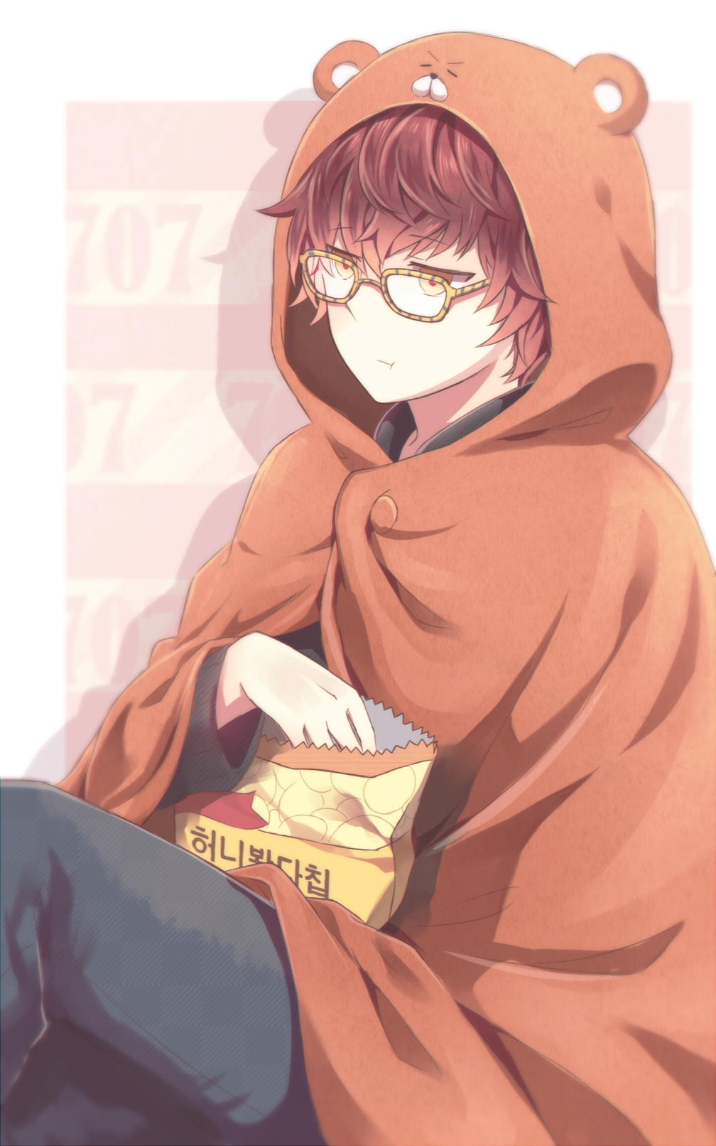 1boy 707_(susanghan_messenger) bag_of_chips border brown_hair chewing cosplay doma_umaru doma_umaru_(cosplay) drop_shadow eating glasses grey_pants hamster_costume highres himouto!_umaru-chan male_focus pants short_hair solo striped_glasses susanghan_messenger tamagoyaki_(megane-daisuki) white_border