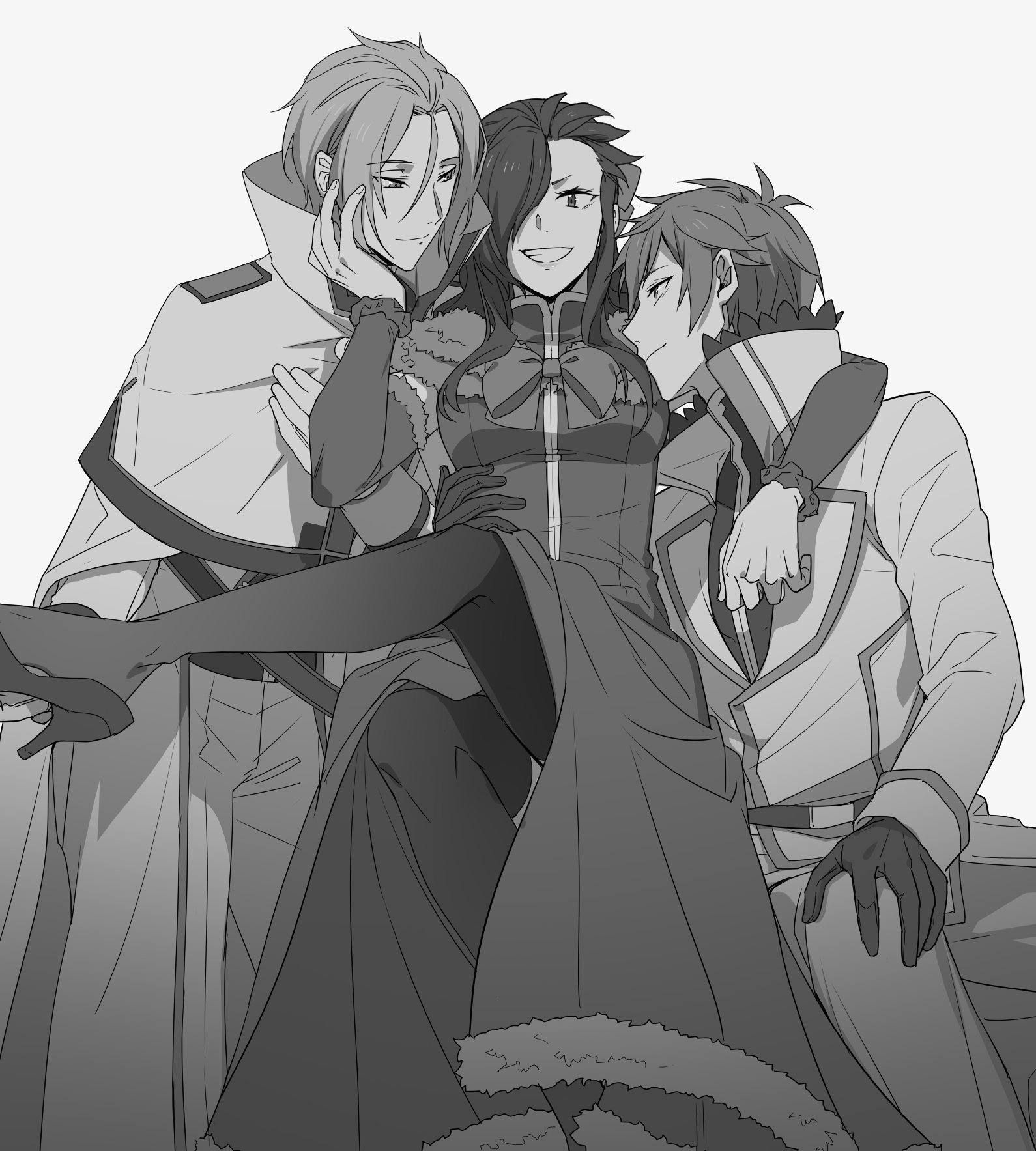 3boys black_hair crossdressing dress greyscale hair_over_one_eye harem highres julius_juukulius kumuo_(mirakurufusao) male_focus monochrome multiple_boys natsumi_schwarz re:zero_kara_hajimeru_isekai_seikatsu reinhard_van_astrea sketch
