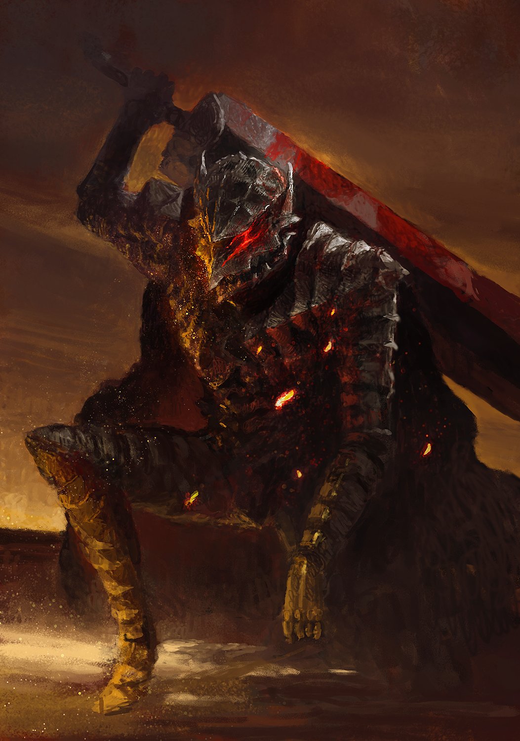1boy arm_up armor berserk berserker_armor black_armor blood bloody_weapon breastplate de_rvert dragonslayer_(sword) embers full_body gauntlets glowing glowing_eyes greatsword greaves guts_(berserk) helmet highres holding holding_sword holding_weapon huge_weapon leg_armor male_focus over_shoulder red_eyes sitting solo sword weapon weapon_over_shoulder