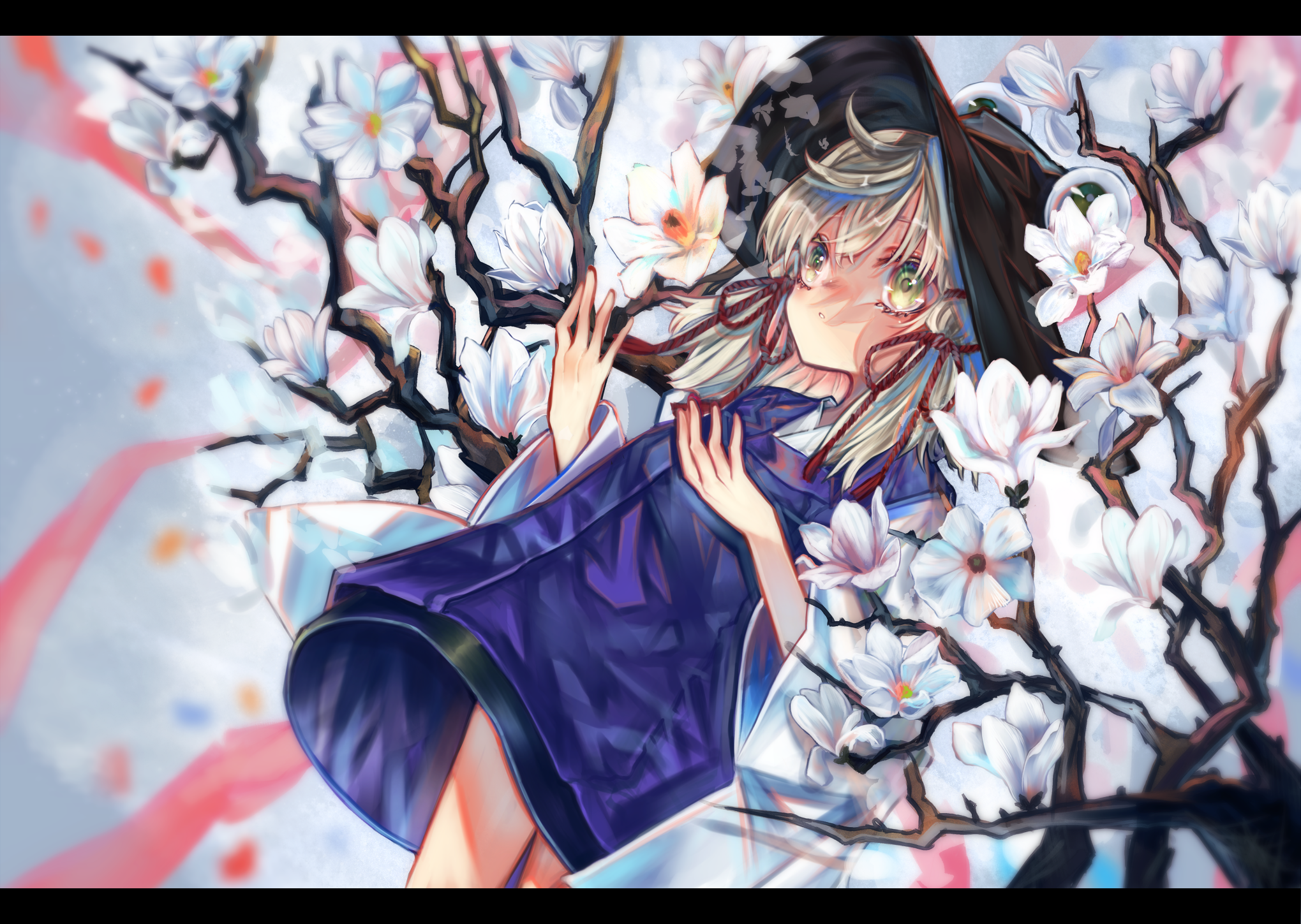 1girl artistic_error black_border blonde_hair blurry border branch depth_of_field dress flower flower_request green_eyes hair_ribbon hat highres letterboxed long_hair long_sleeves looking_ahead lying magnolia moriya_suwako on_back parted_lips red_ribbon ribbon soft_focus solo syukou teeth touhou white_flower wide_sleeves wrong_hand